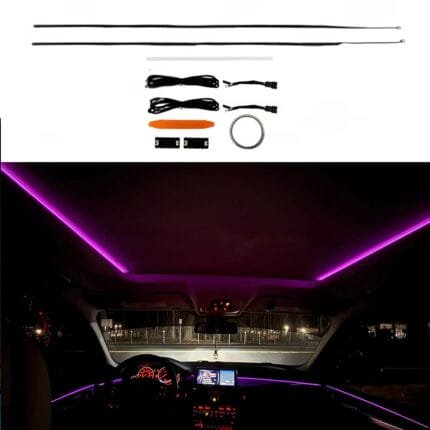 BMW LED sunroof ambient light strip glowing in vibrant purple, perfectly synced with the factory door panel lighting inside a BMW G30 5 Series interior