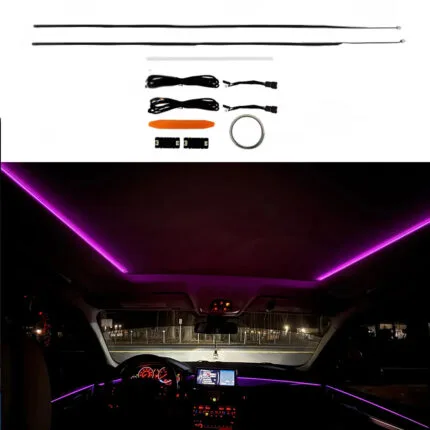 BMW LED sunroof ambient light strip glowing in vibrant purple, perfectly synced with the factory door panel lighting inside a BMW G30 5 Series interior
