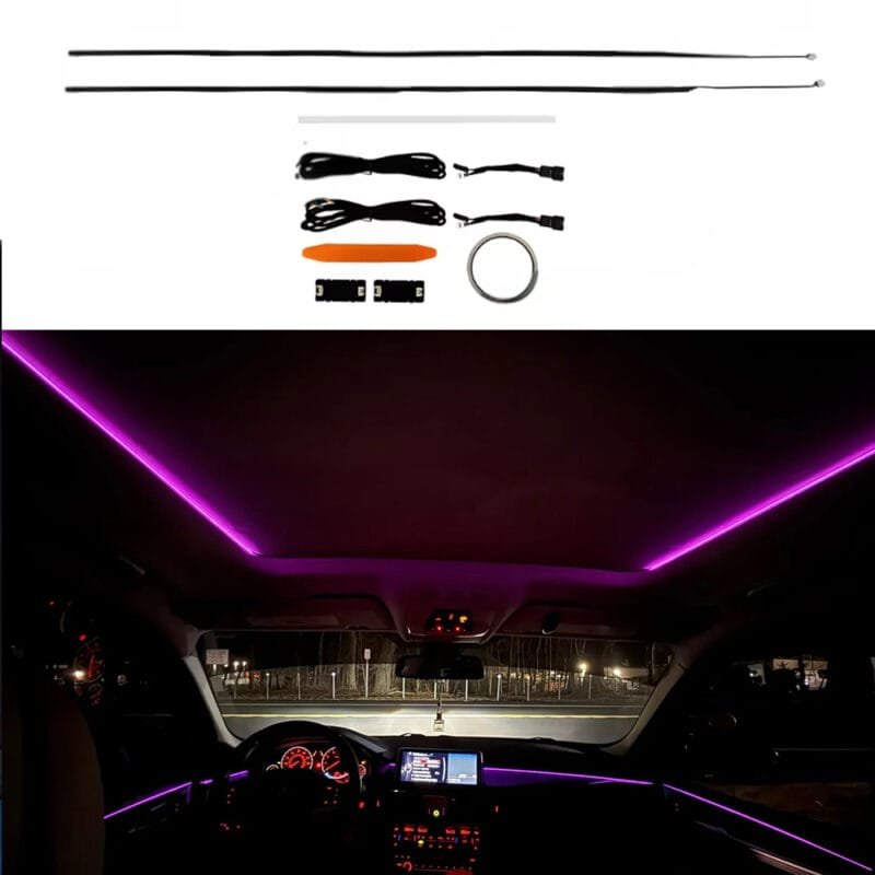 BMW LED sunroof ambient light strip glowing in vibrant purple, perfectly synced with the factory door panel lighting inside a BMW G30 5 Series interior